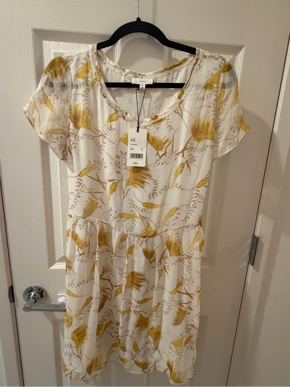 White Midi Dress with Mustard Floral Print and Scoop Neck
